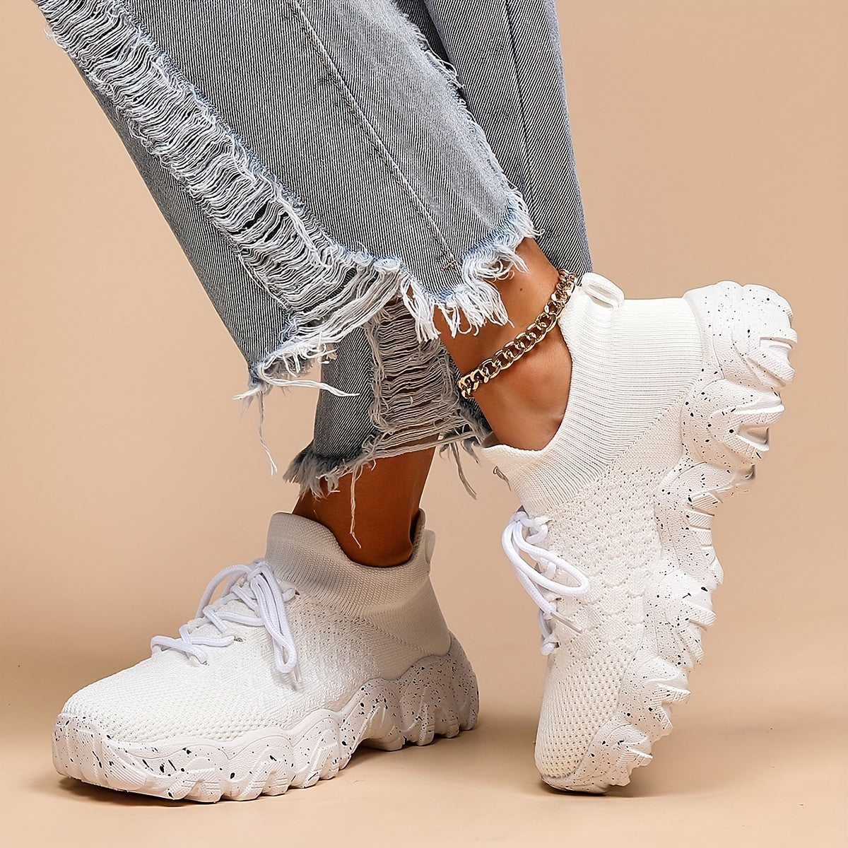 Women's Breathable Knit Sock Sneakers Casual Lace Up Sport Shoes