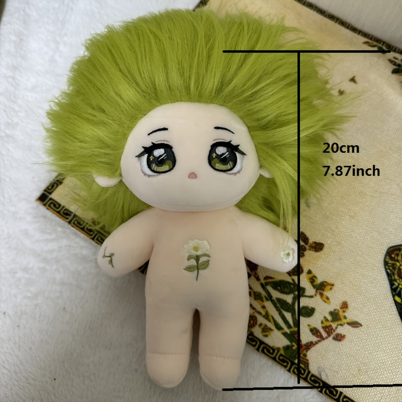 Adorable Green Curly Hair Plush Doll with Large Eyes & Pigtails