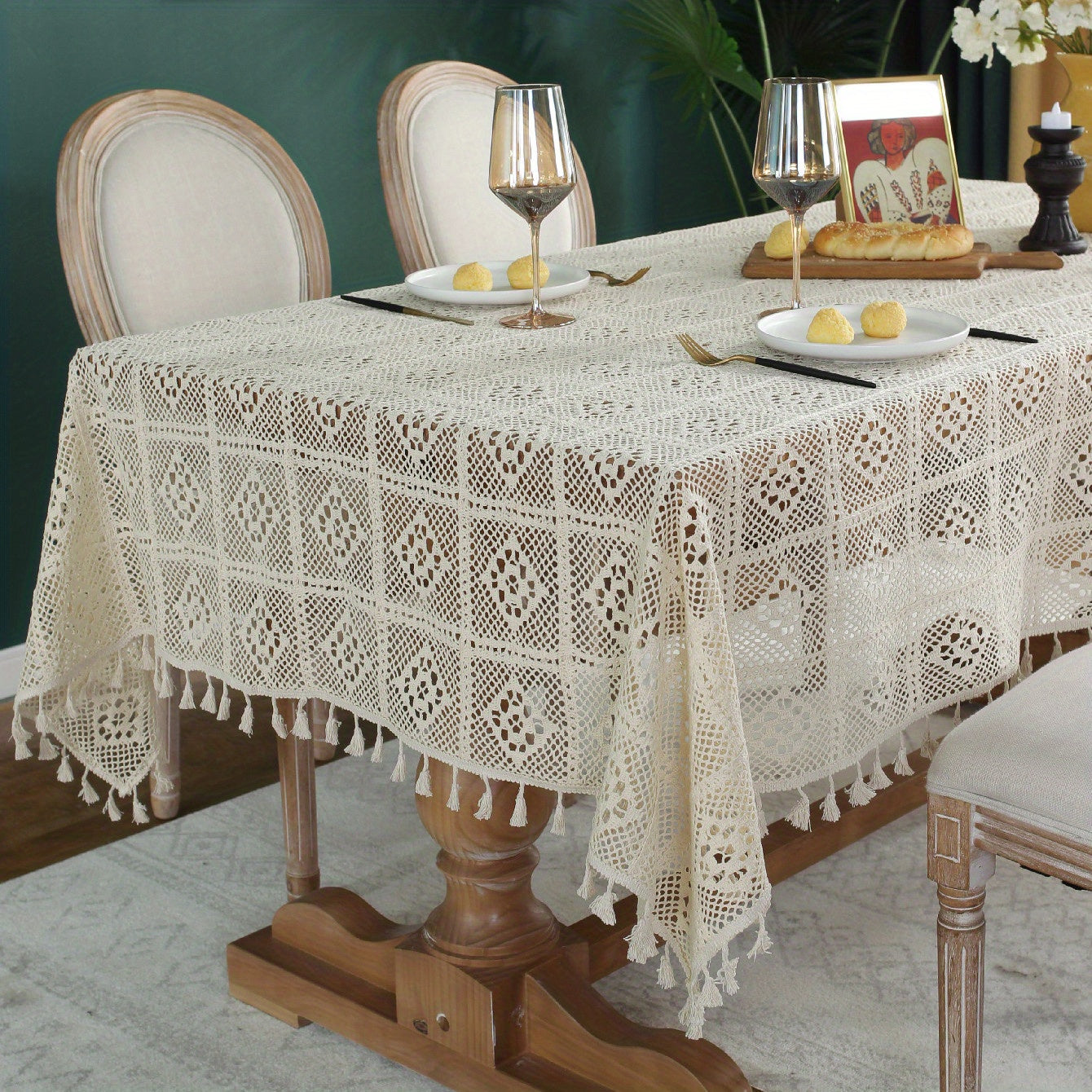 Bohemian Cotton Tablecloth with Fringe Beige Crochet for Home Decor