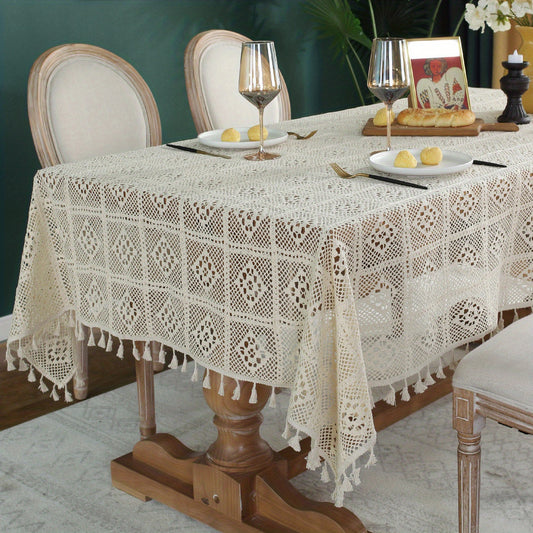 Bohemian Cotton Tablecloth with Fringe Beige Crochet for Home Decor