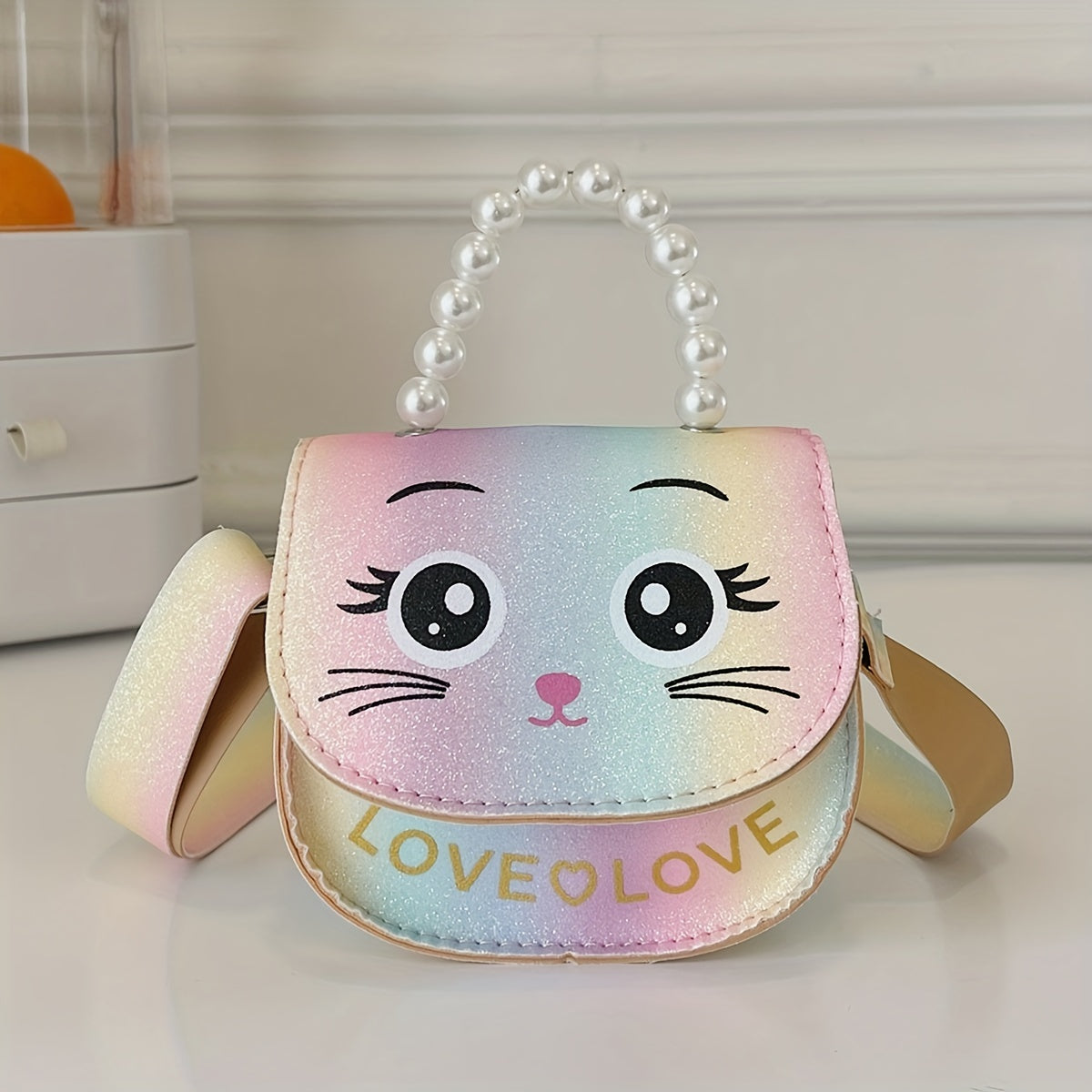 Girls Cat Shoulder Bag With Pearl Handle Strap Sweet Handbag Crossbody Bag