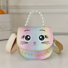 Girls Cat Shoulder Bag With Pearl Handle Strap Sweet Handbag Crossbody Bag