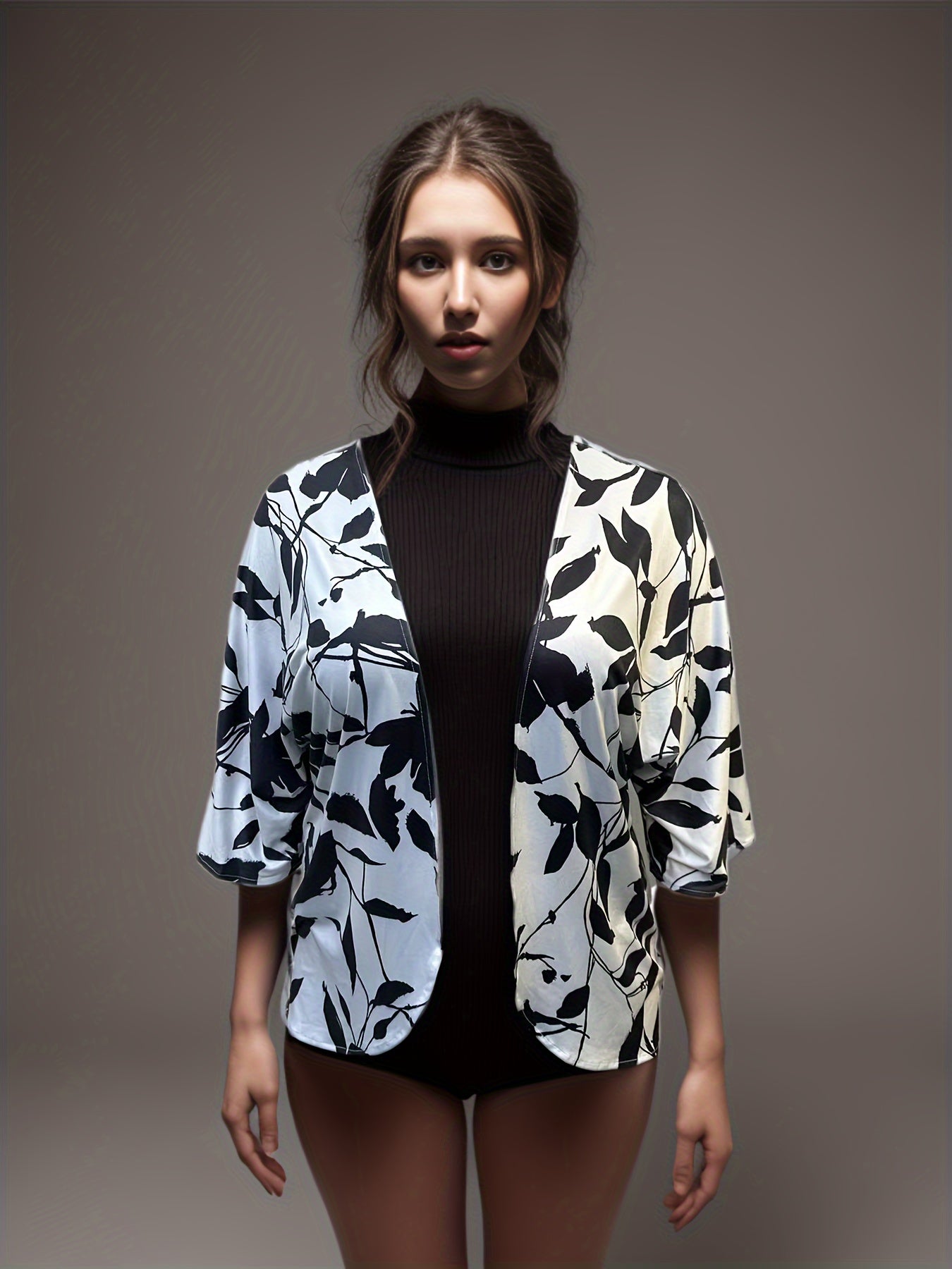  Leaf Print Long Sleeve Open Front Cardigan