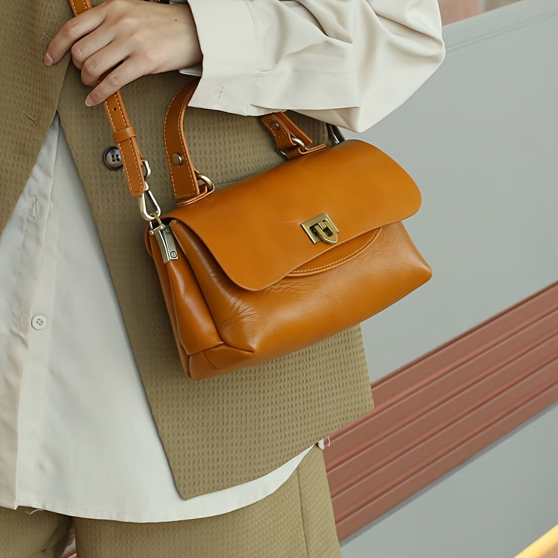 Cowhide Shopping Bag for Women Leather Handbag Secure Buckle Closure