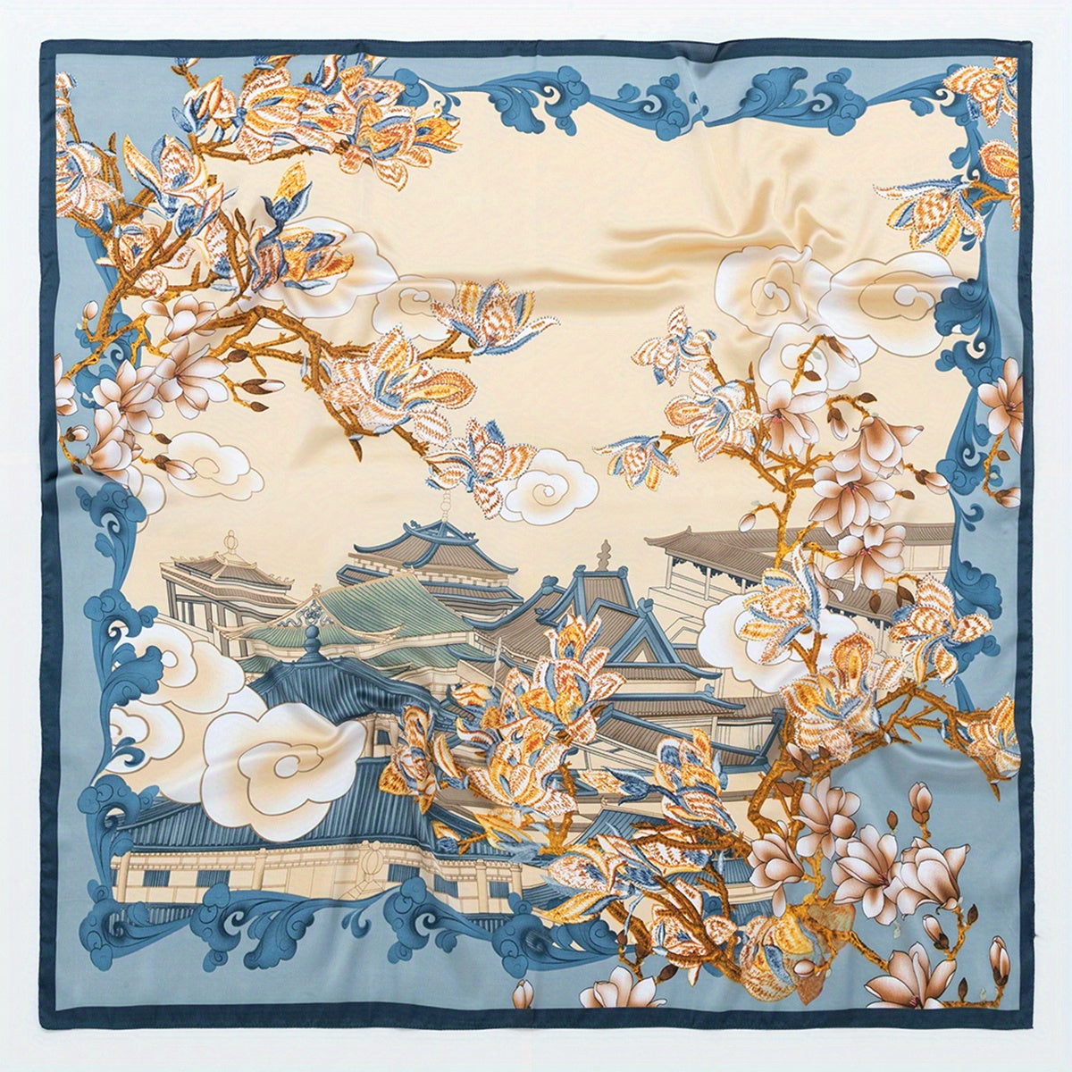 Vintage Palace Garden Plum Blossom Print Bandana Satin Large Square Scarf
