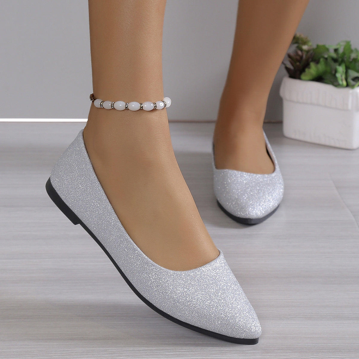 Women's Bling Ballet Flats Pointed Toe Glitter Soft Sole Slip On Shoes