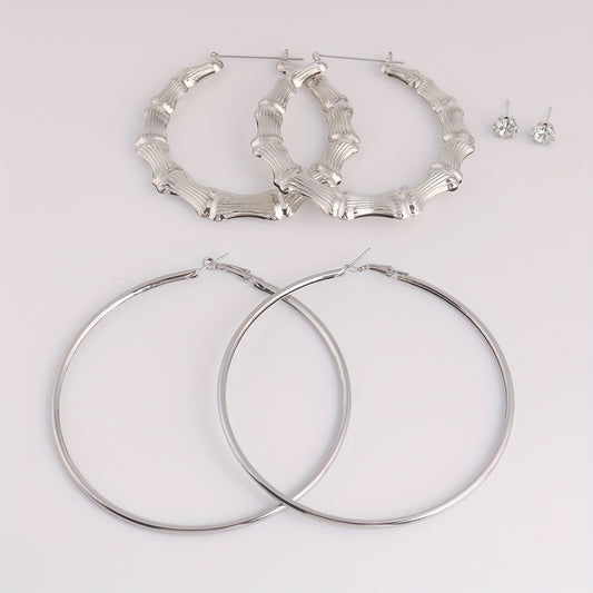 3 Pairs Punk Hoop & Rhinestone Earrings Set Hip Hop Jewelry