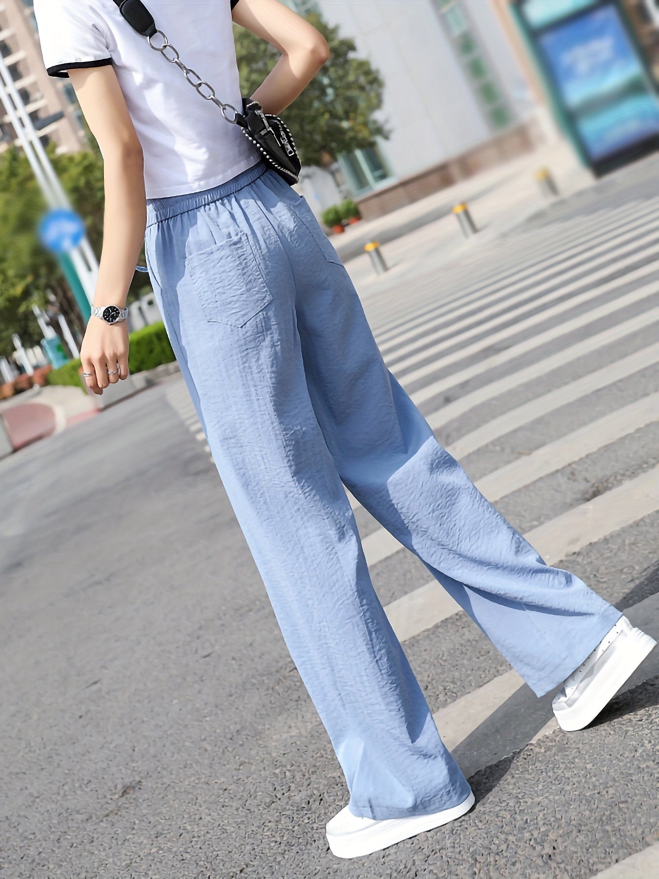 Solid Drawstring Wide Leg Pants Elastic Waist