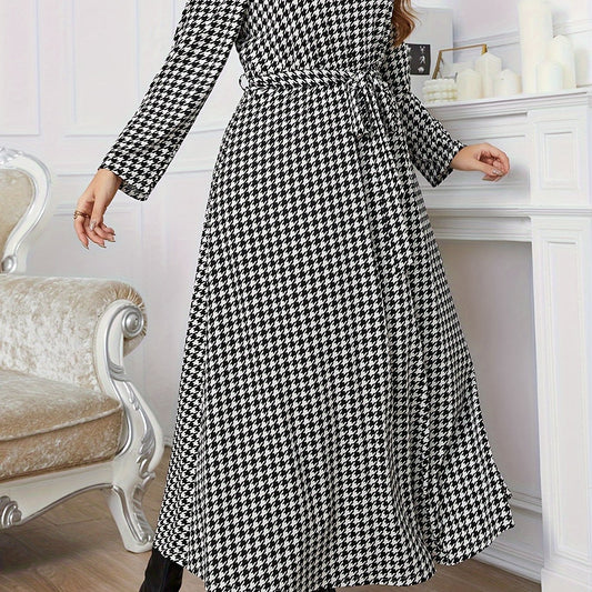  Houndstooth Print Long Sleeve Maxi Dress With Belt