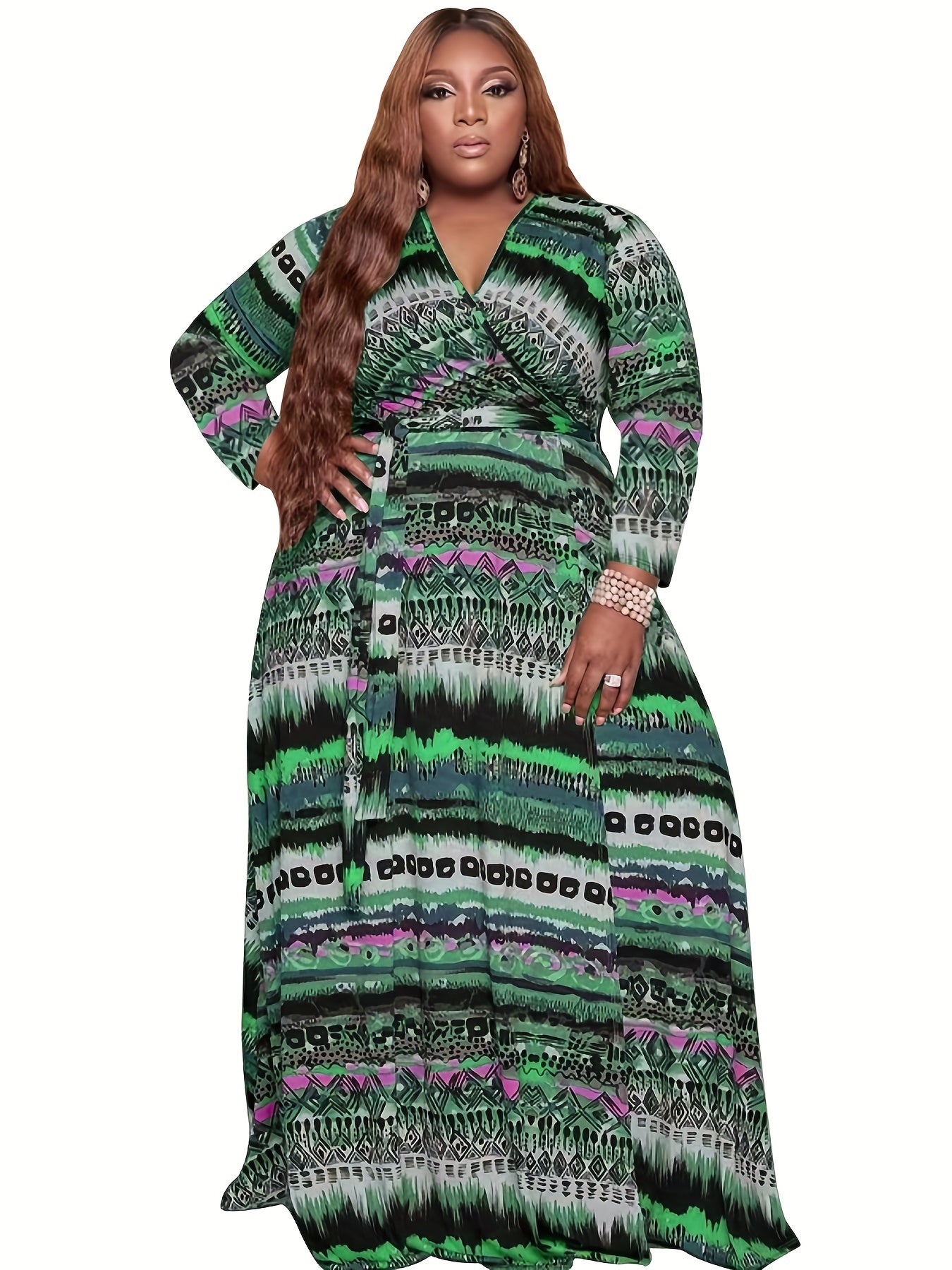 Women's Plus Tribal Print Long Sleeve V Neck Maxi Dress With Belt