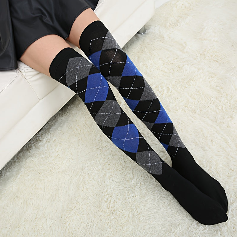 Argyle Thigh High Socks College Style Over The Knee Stockings