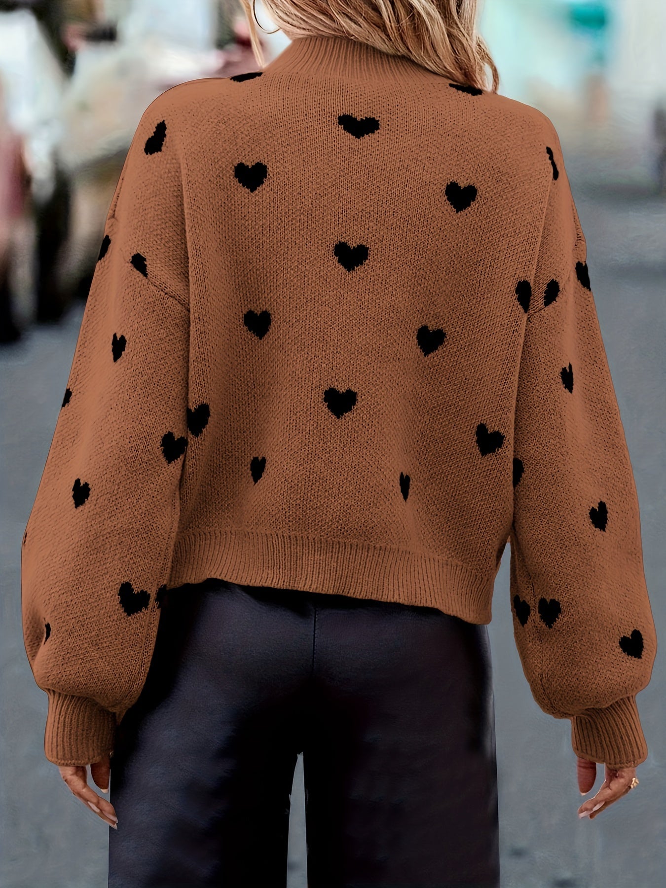 Heart Pattern Mock Neck Pullover Sweater for Fall & Winter