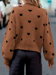 Heart Pattern Mock Neck Pullover Sweater for Fall & Winter