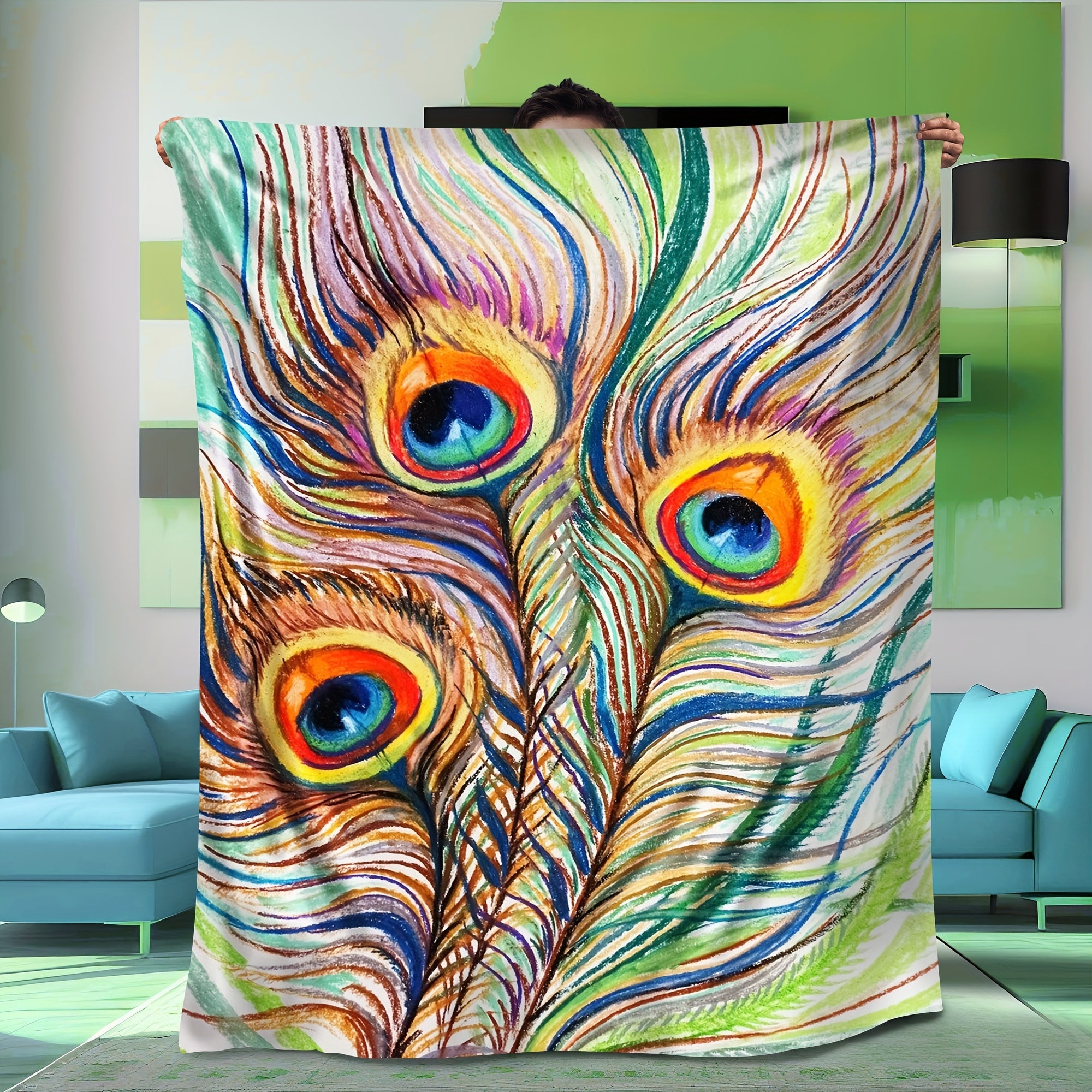 Peacock Feather Print Blanket Lightweight Soft Warm Throw