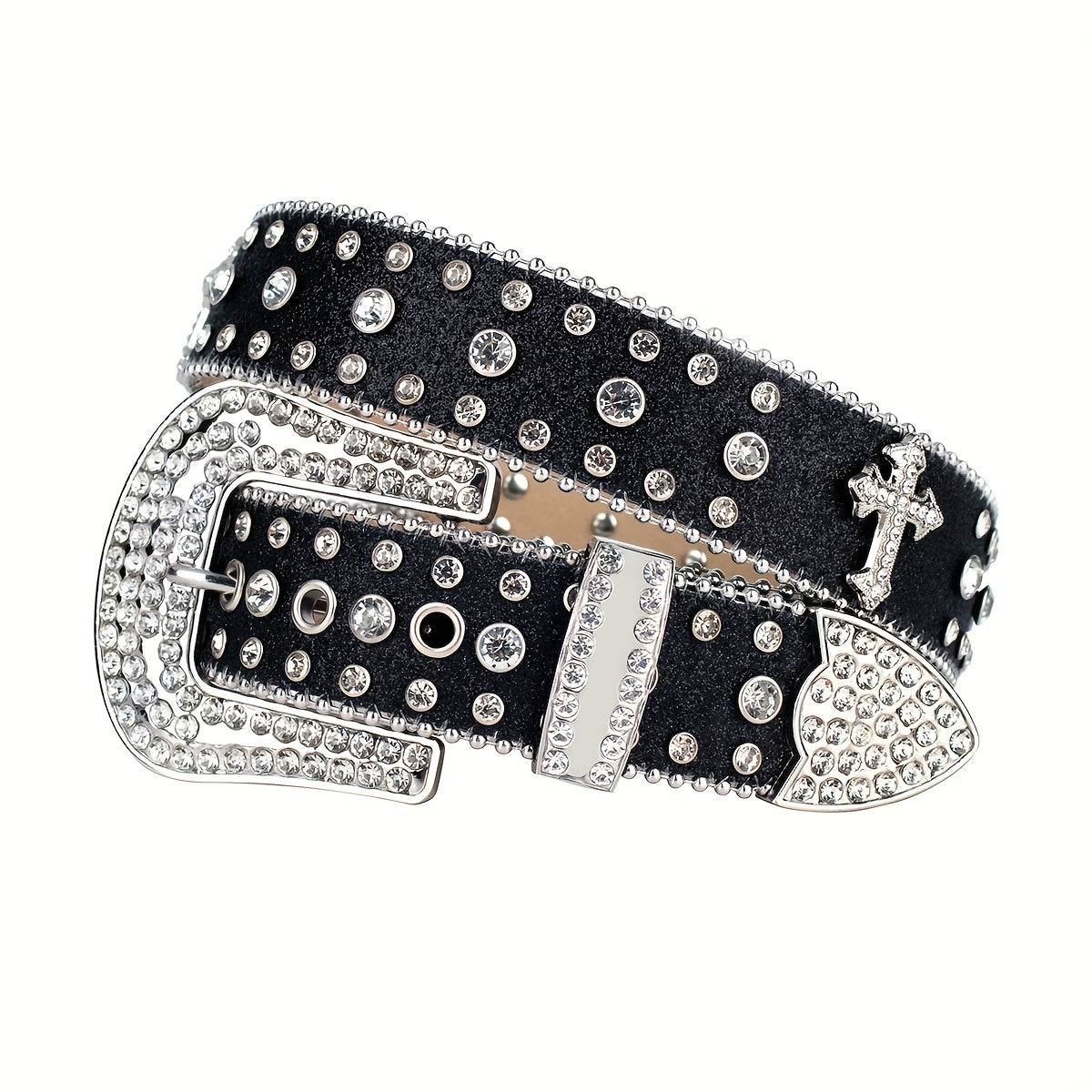 Cross Rivet Rhinestone Belt Punk Stone Studded Leather Belt Strap For Men