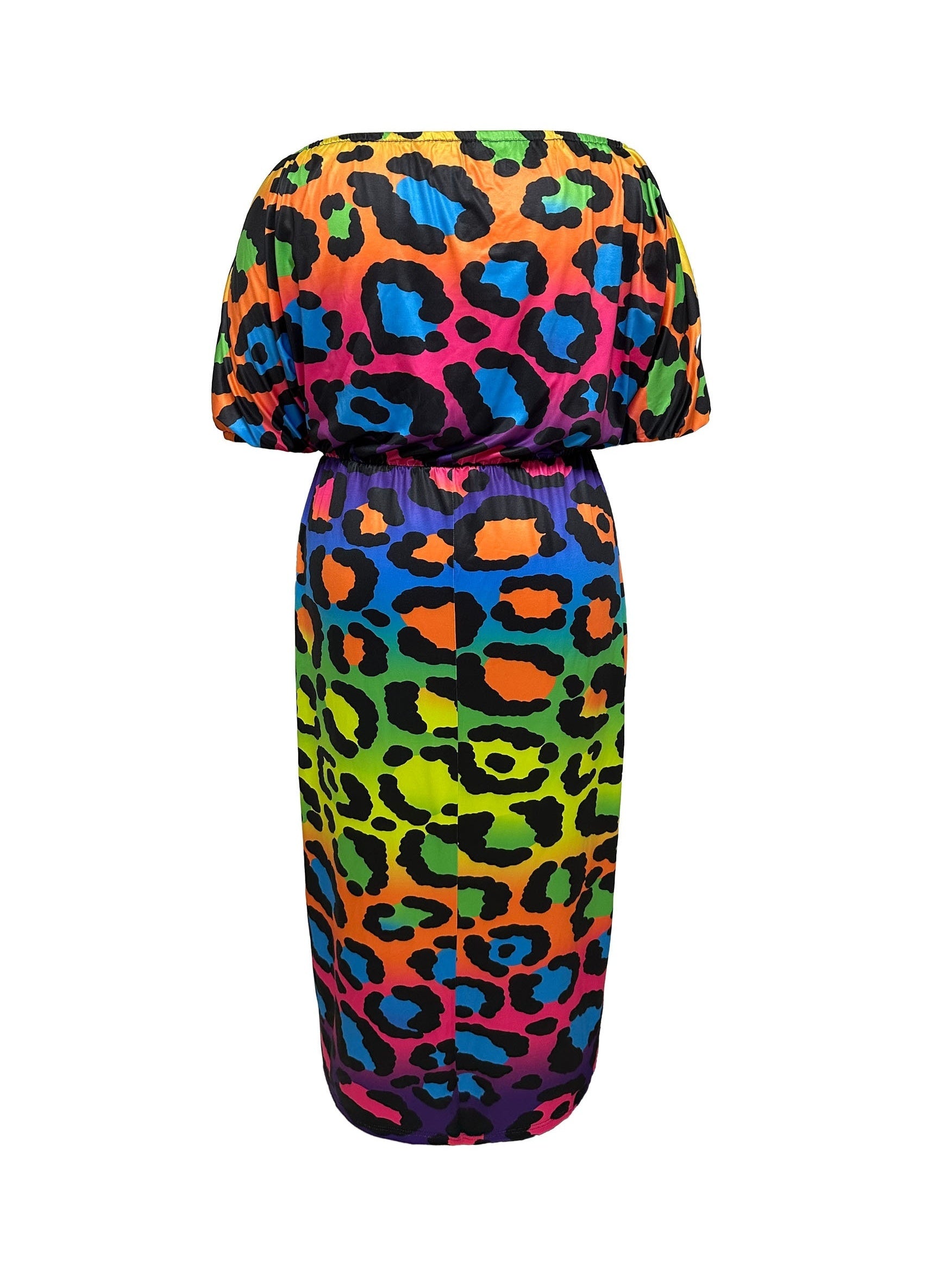  Colorblock Leopard Print Maxi Dress with Bubble Sleeves