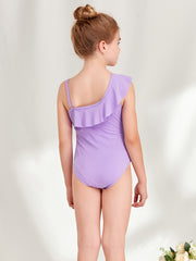 Toddler Girls One Piece Swimsuit Ruffle Trim Asymmetrical Neck