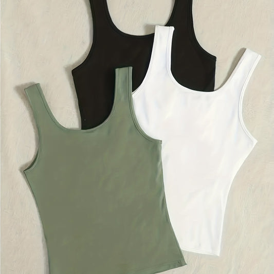 3 Pack Plus Size Casual Tank Top Set Women's Plus Solid Ribbed