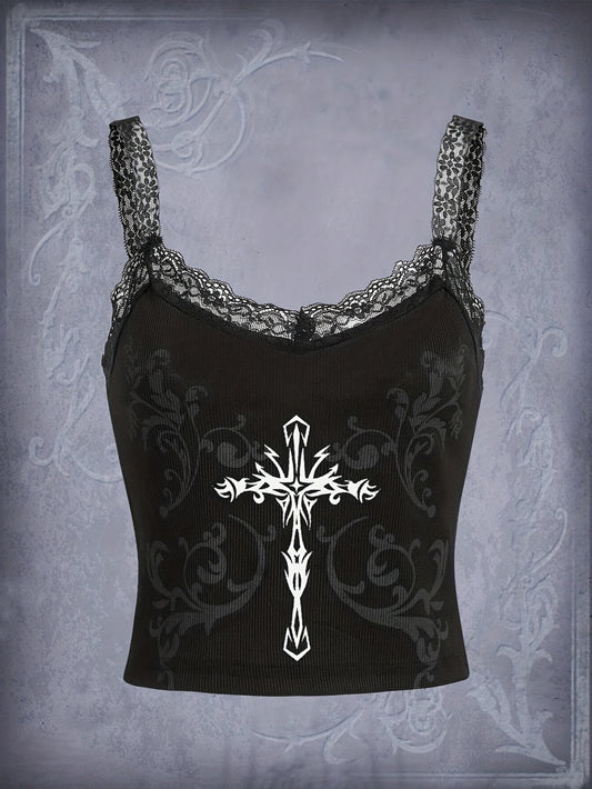 Gothic Cross Print Lace Cami Top Sleeveless Grunge Summer Top