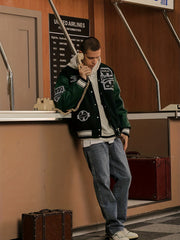 Varsity PU Jacket Men's Vintage Style Letter Print
