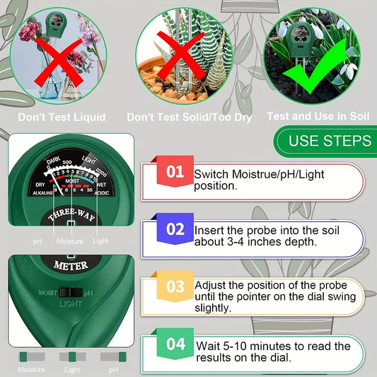 3-in-1 Soil PH Meter Moisture Light pH Tester Gardening Tool Kits For Plant Care