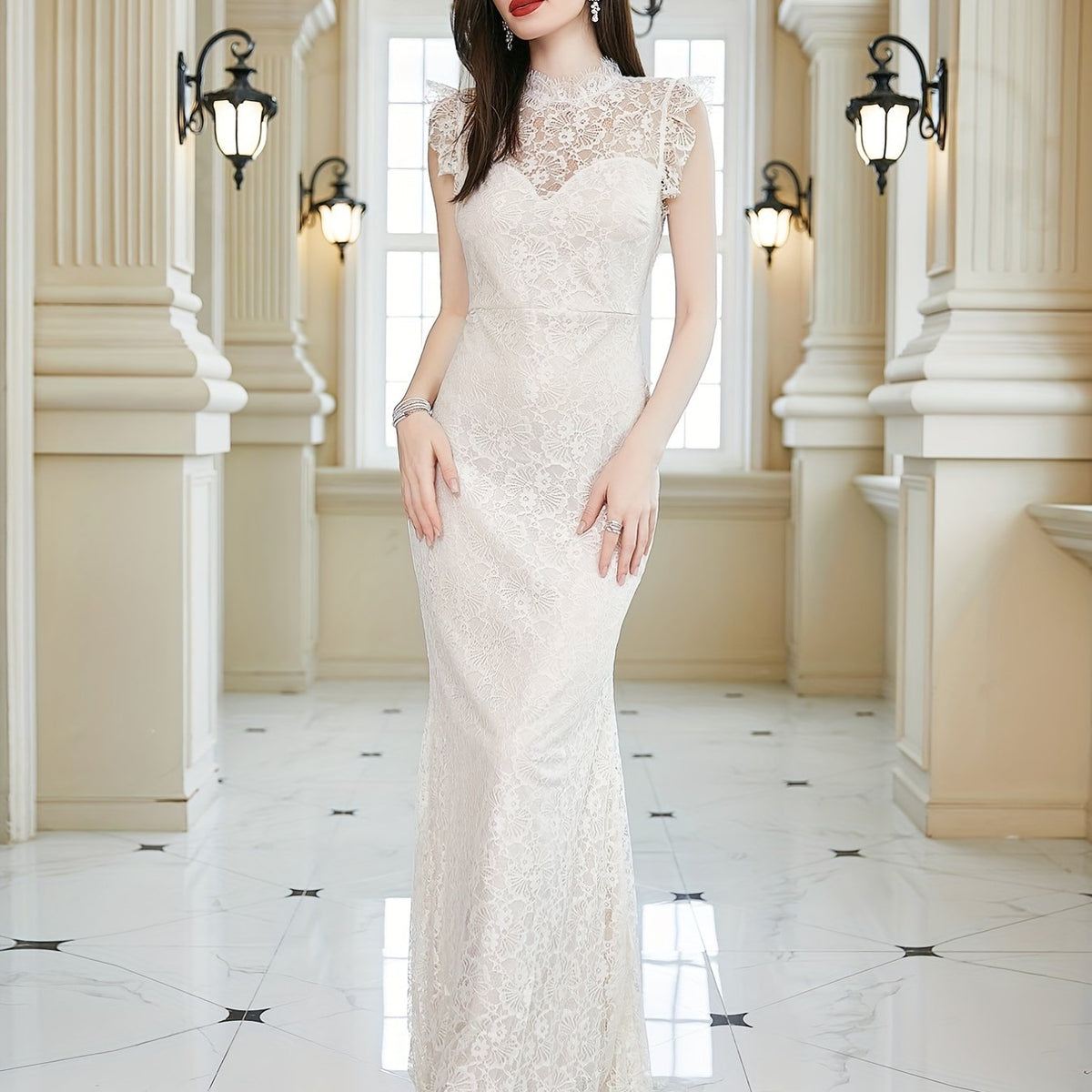 Lace Backless Maxi Wedding Dress Sleeveless Solid