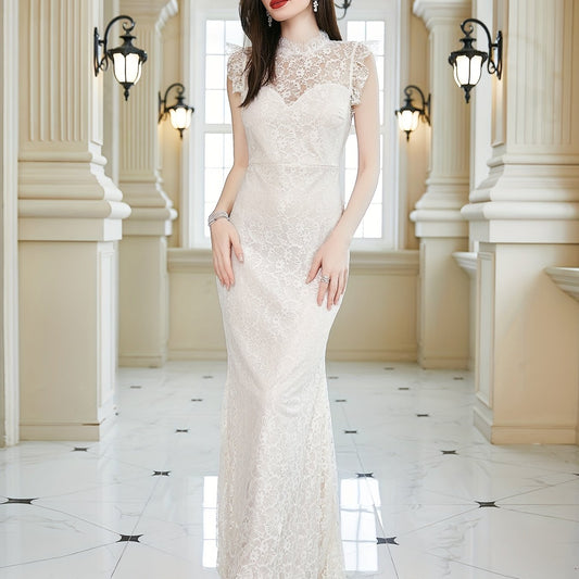 Lace Backless Maxi Wedding Dress Sleeveless Solid