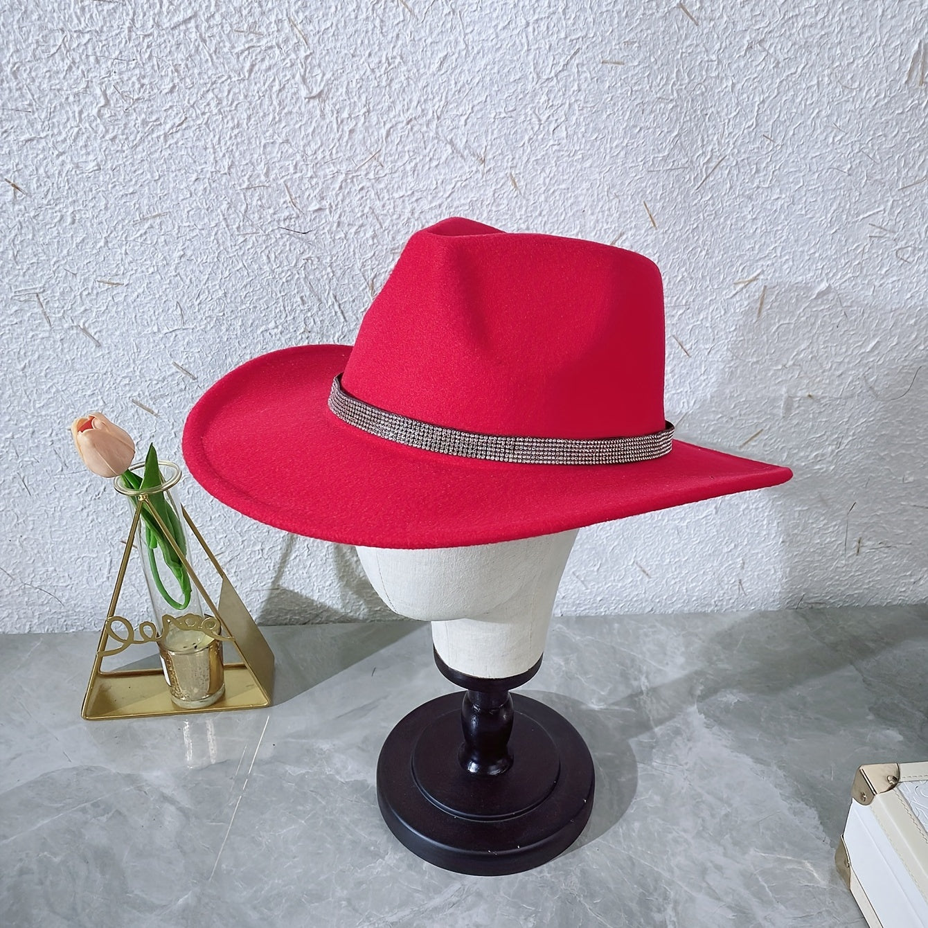 Red Rhinestone Fedora Cap Wide Brim Hat