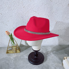 Red Rhinestone Fedora Cap Wide Brim Hat