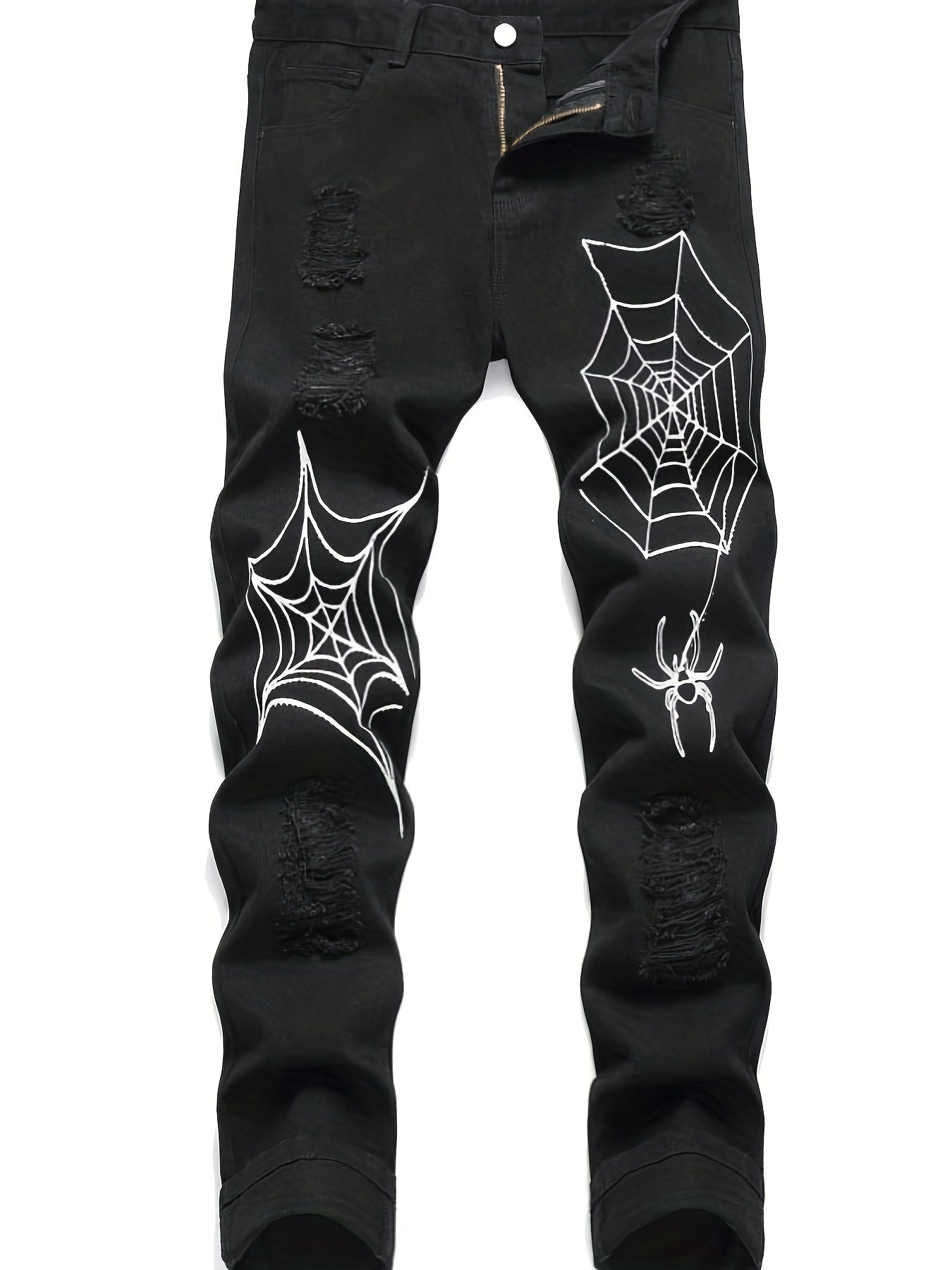Spider Web Pattern Slim Fit Ripped Jeans Men's Casual Street Style Denim Pants