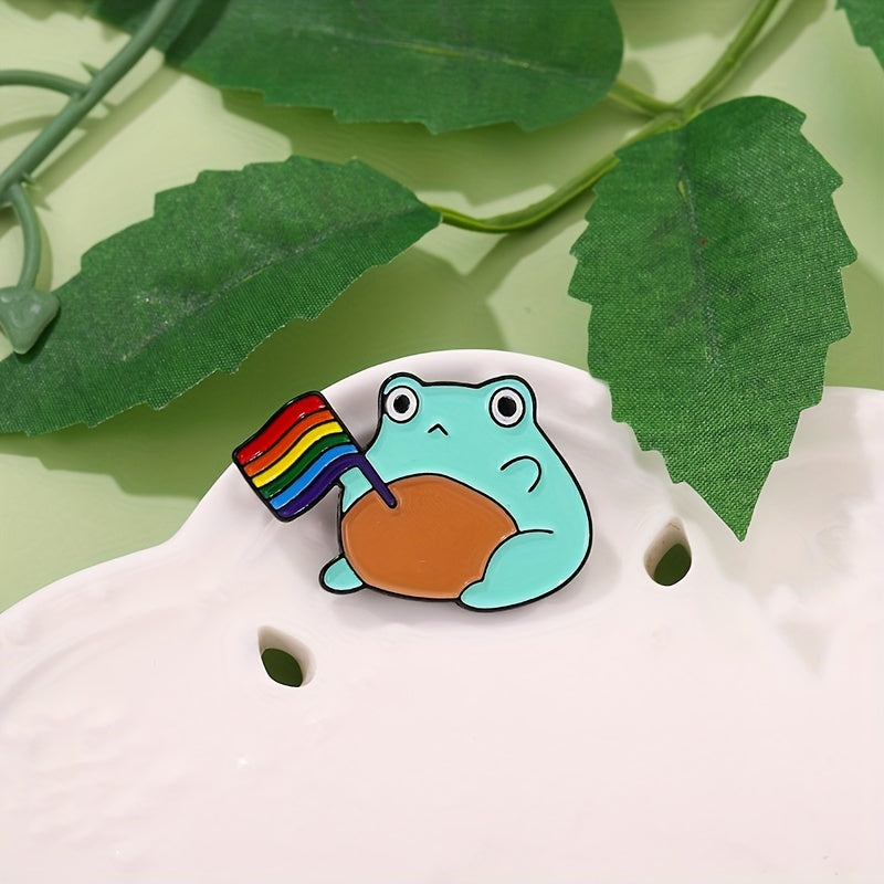 Frog Pattern Brooch with Colorful Flag Electroplating Pin