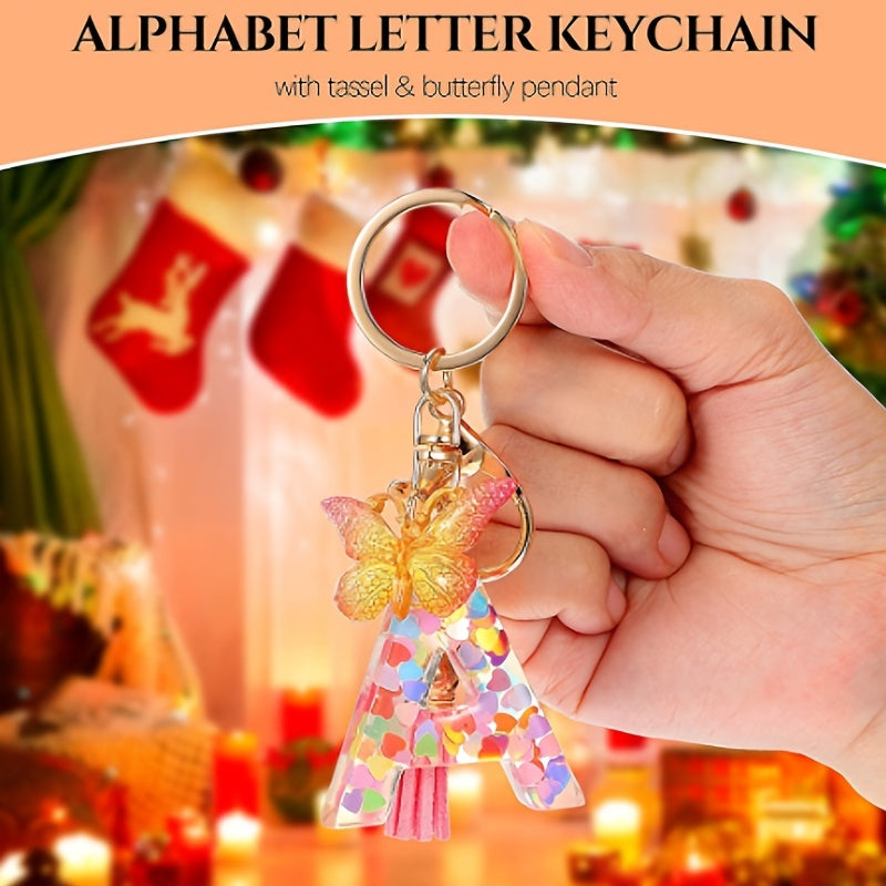 Initial Letter Keychain Tassel Butterfly Pendant Key Ring For Purse Handbags