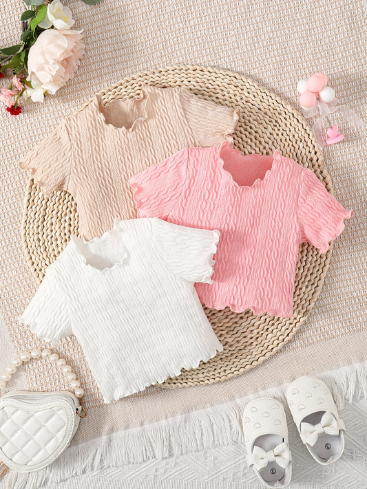 Baby Girl's Ruffle Trim All-match T-shirt 3pcs Crew Neck Tops