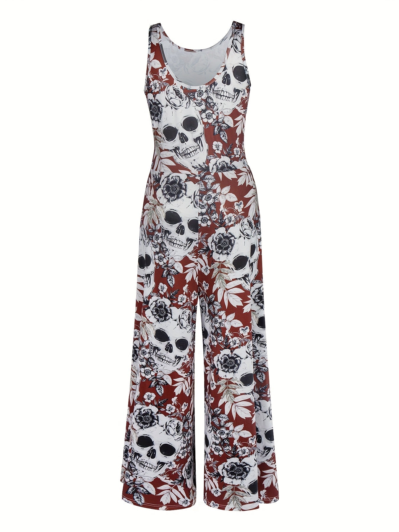 Vintage Skull & Flower Print Jumpsuit Women's Clothing