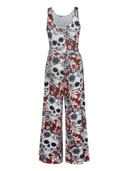 Vintage Skull & Flower Print Jumpsuit Women's Clothing