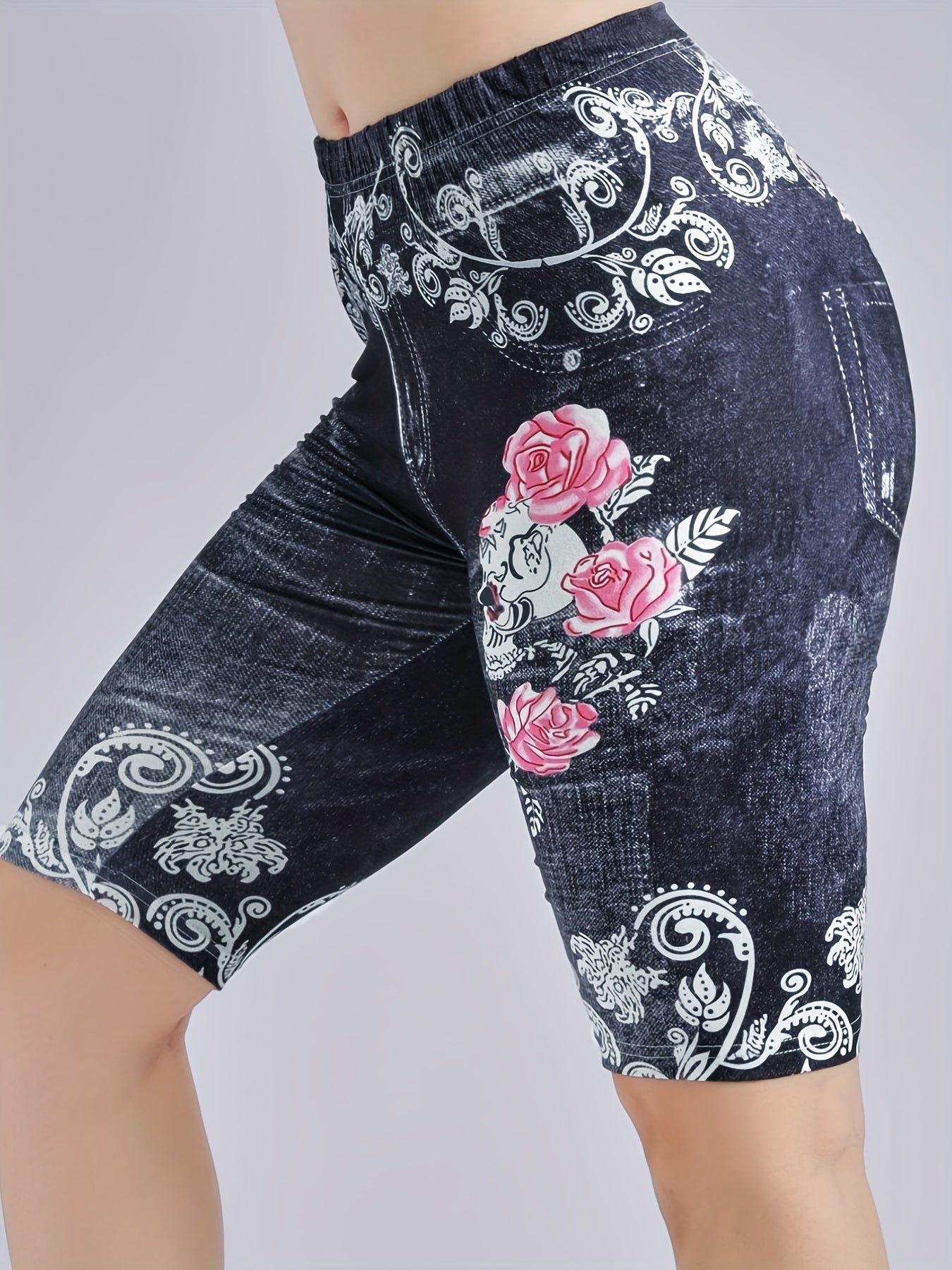 Denim Print Biker Shorts Skull & Floral Print