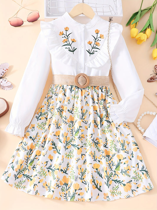 Girls Orange Flowers Embroidery Shirt Dress With Belt