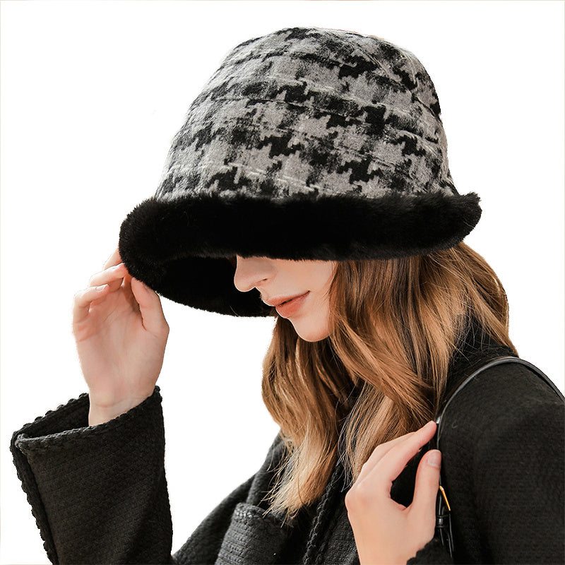 Winter Thick Warm Bucket Hat Plaid Fur Irregular Brim Fisherman Cap