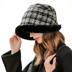 Winter Thick Warm Bucket Hat Plaid Fur Irregular Brim Fisherman Cap