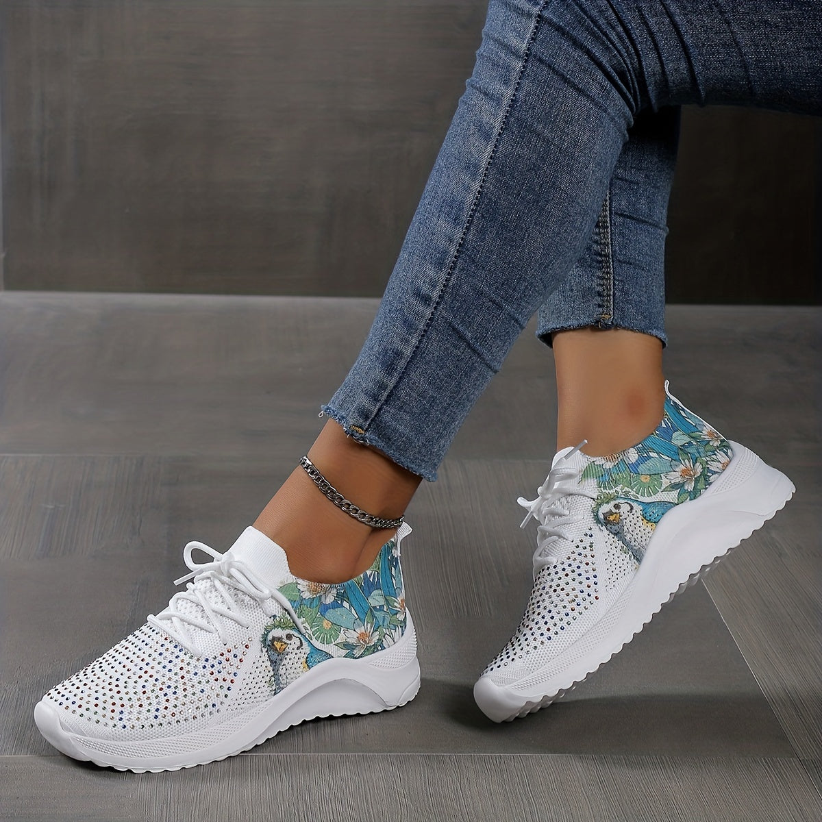 Women's Rhinestone & Floral Sneaker Low Round Toe Sporty Shoes