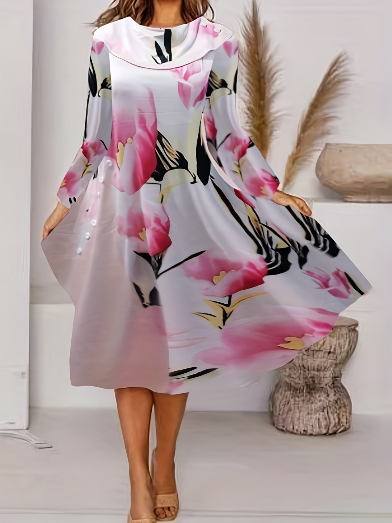  Women's Floral Print Long Sleeve Midi Dress