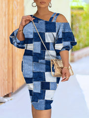  Denim Print Cold Shoulder Bodycon Midi Dress
