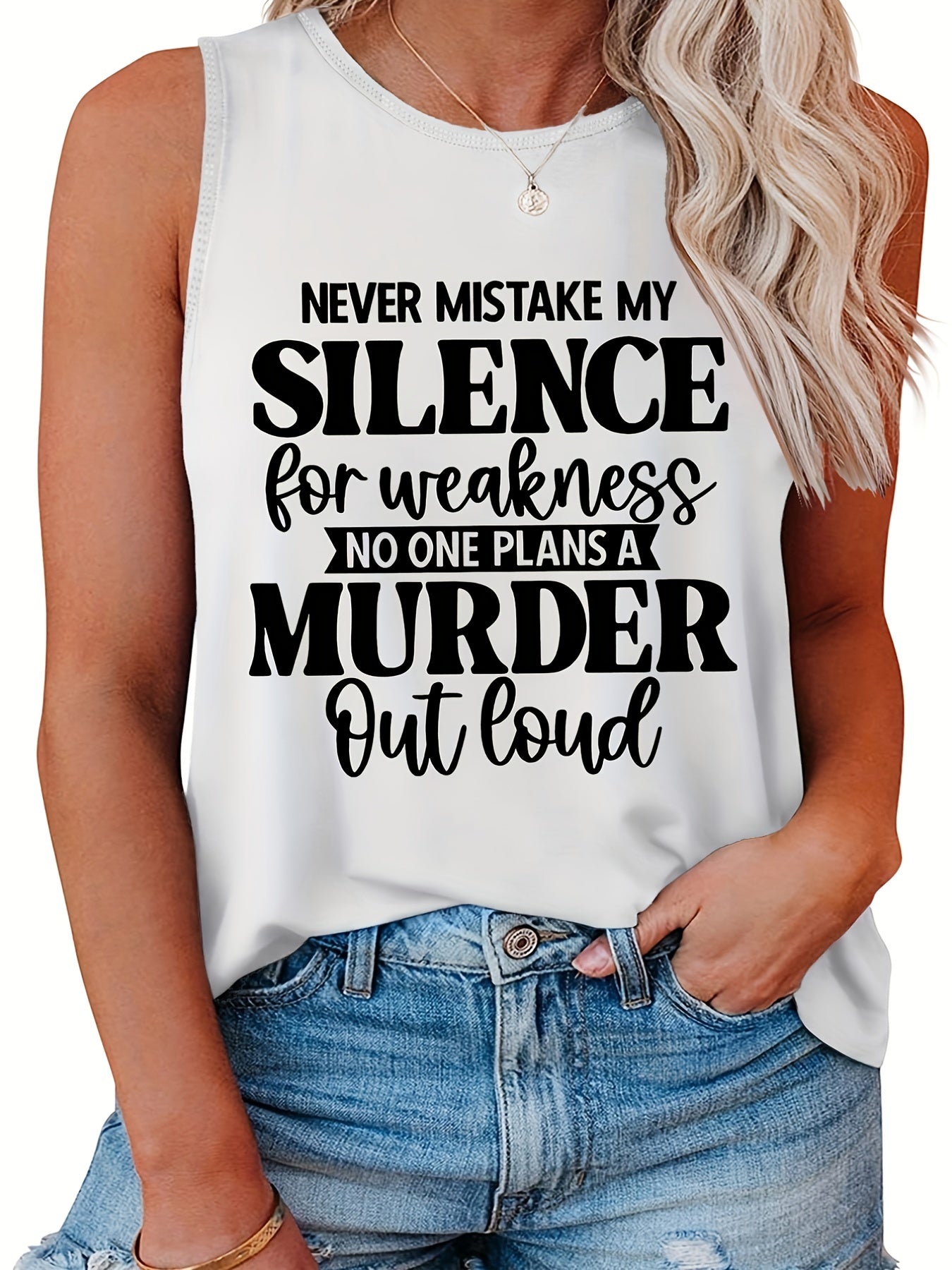  Casual Tank Top Women's Plus Slogan Print Round Neck Tank Top