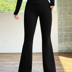  Solid V-Waist Flared Leg Trousers