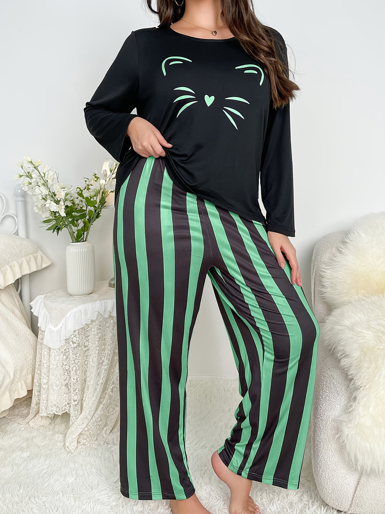 Women's Plus Cat Print Top & Striped Pants Pajama Set