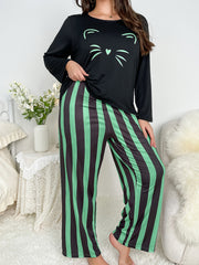Women's Plus Cat Print Top & Striped Pants Pajama Set