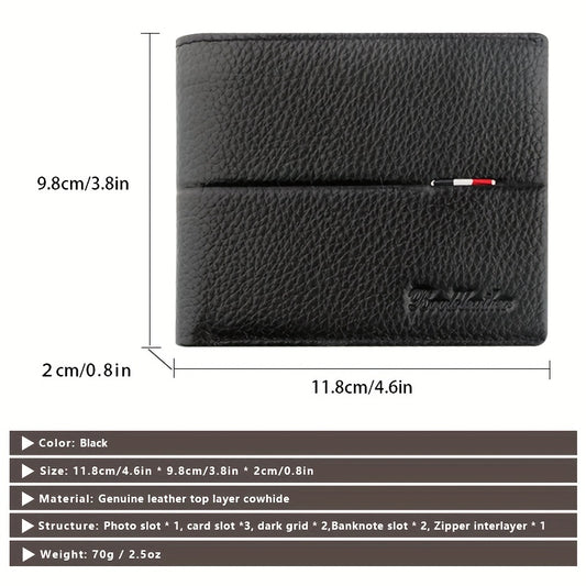 Men's Leather Short Wallet Top Layer Cowhide Wallet Large Capacity Card Holder