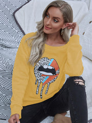 Casual Lip Pattern Print Sweater Crew Neck Top
