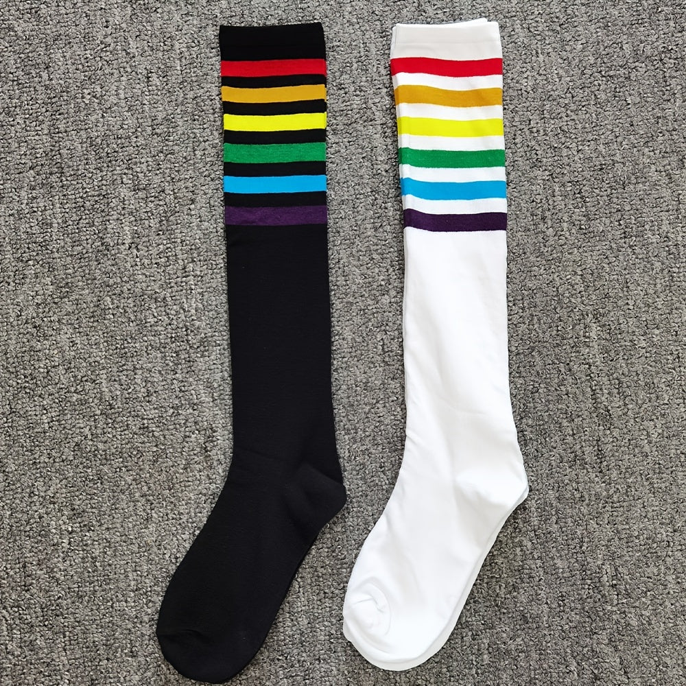 Rainbow Striped Calf Socks Harajuku College Style Knee High Socks Women