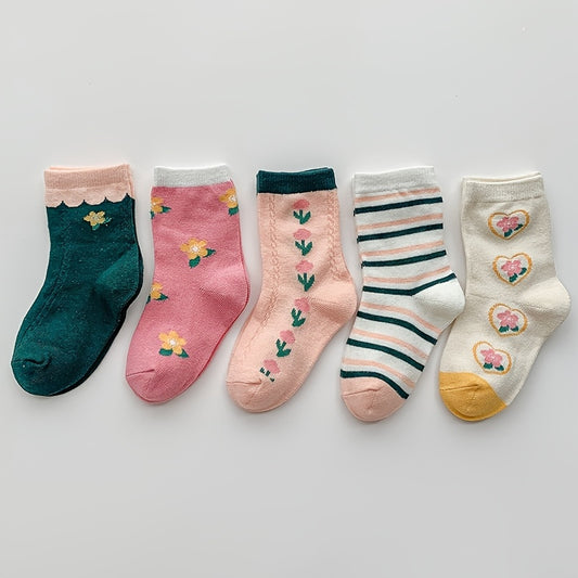 5 Pairs Girls Flower Love Print Cotton Crew Socks Kids Children Spring Autumn
